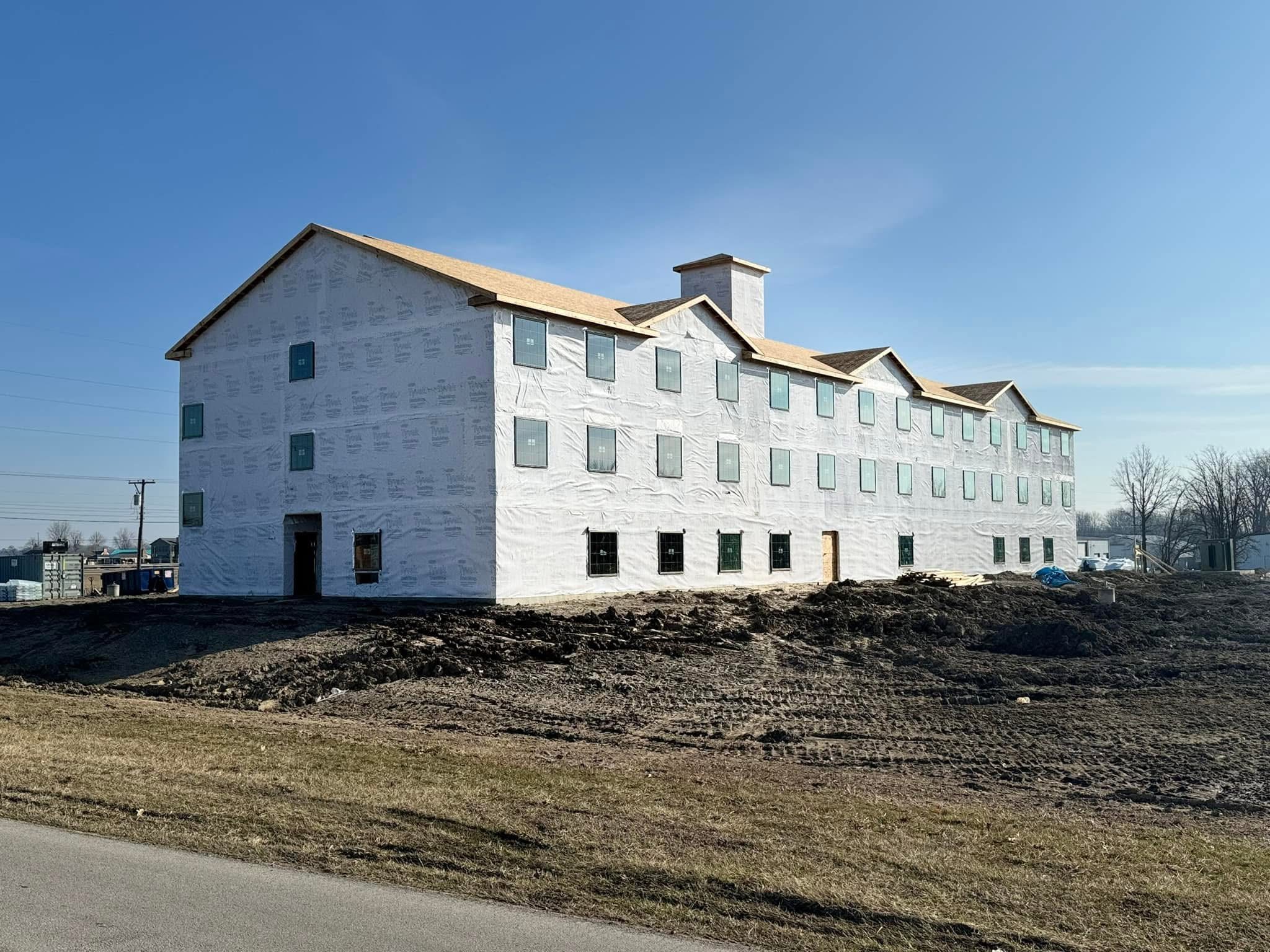 Cobblestone hotel exterior under construction in Indian Lake, Ohio